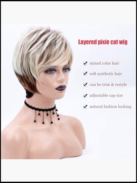Layered Pixie Wig with Bangs Short Wavy Synthetic Hair Piece Natural Look Heat main image 4